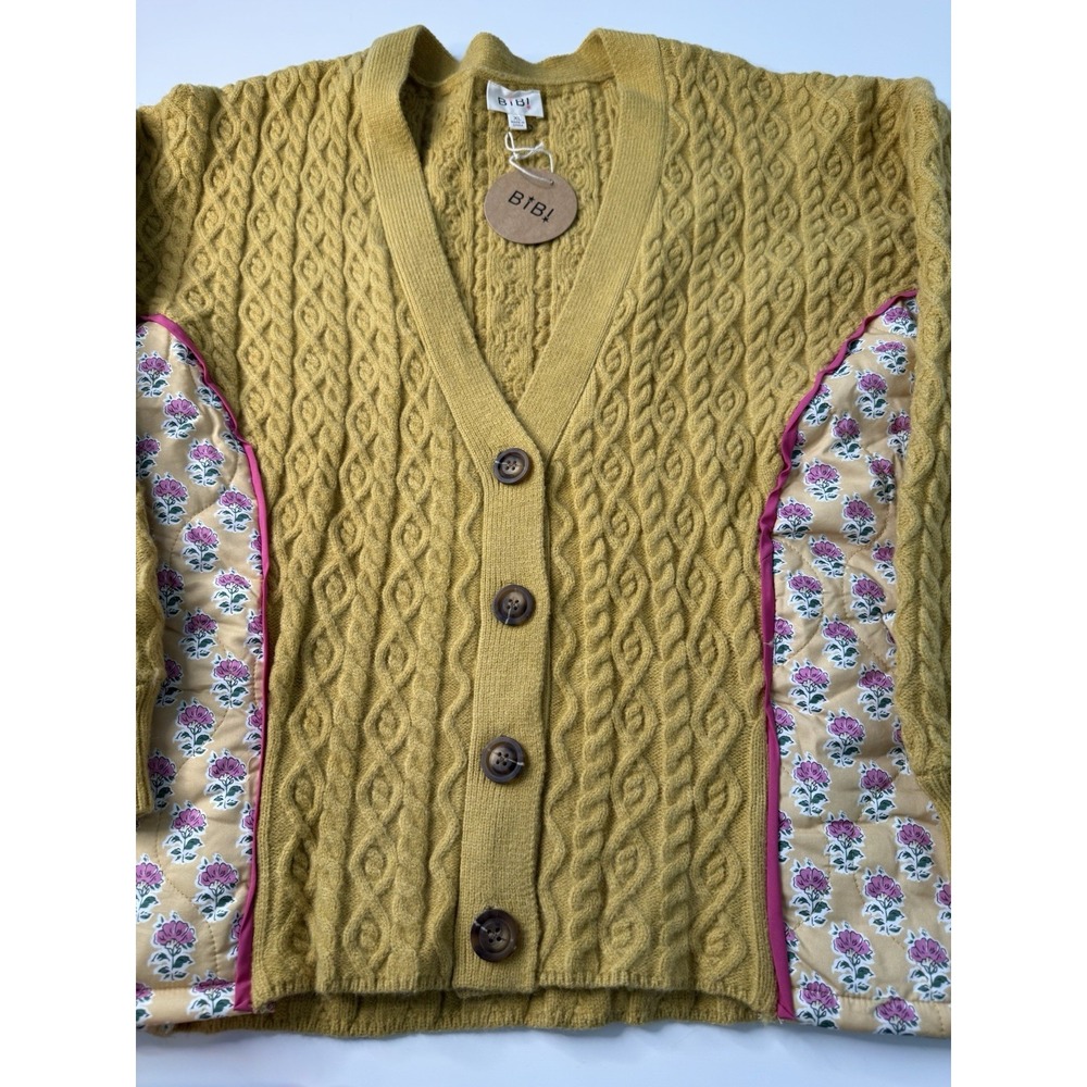 BIBI Cable Knit Floral Combo Cardigan Women's XL Yellow Mustard Quilted NWT - Picture 10 of 14